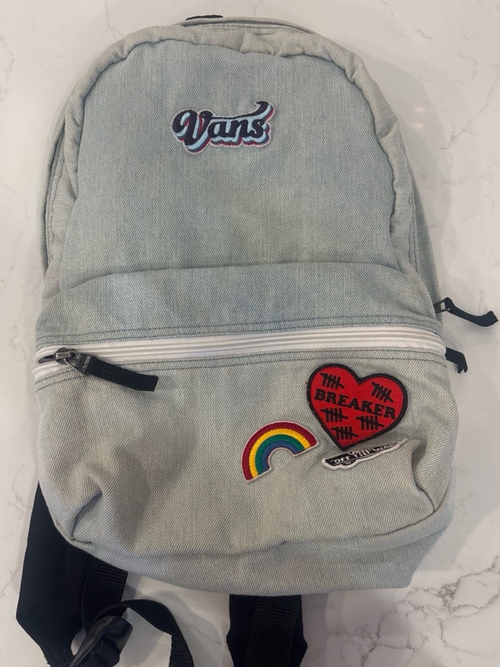 Vans Kids Light Gray Backpack with Rainbow & Red Heart Patch